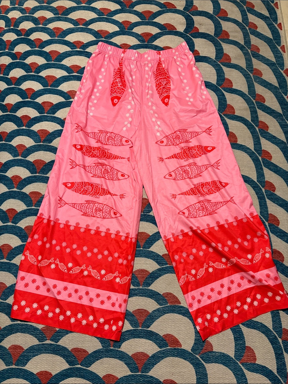 SHEIN Pink and Red Wide-Leg Printed Pull-On Pants